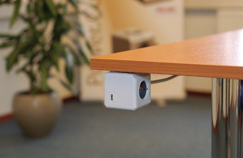 Toma de corriente en cubo debajo de una mesa de madera. Una planta en maceta en el fondo.