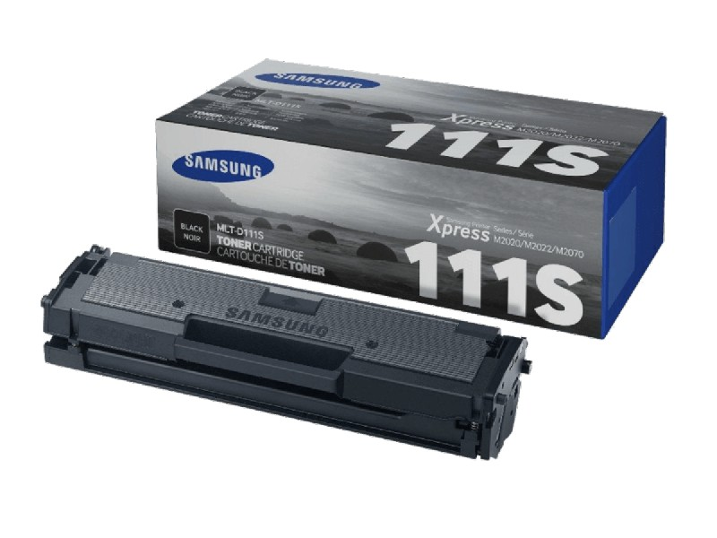 Cartucho de tóner y caja de impresora Samsung negro sobre fondo blanco.