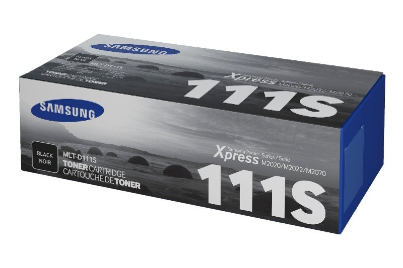 Una caja de cartucho de tóner Samsung 111S, con tinta negra. La caja es azul y negra.