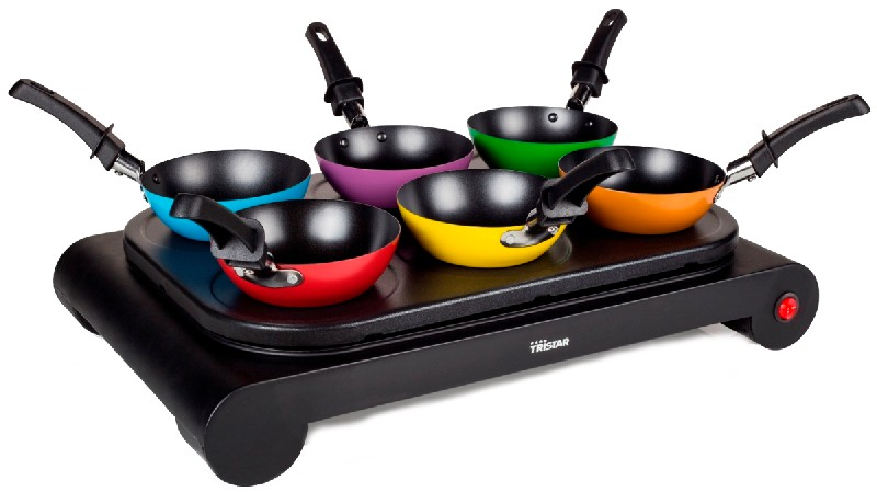 Set Woks Crepera y plancha tristar bp2827 1000 6 sartenes recubrimiento antiadherente negro juego de 1000w