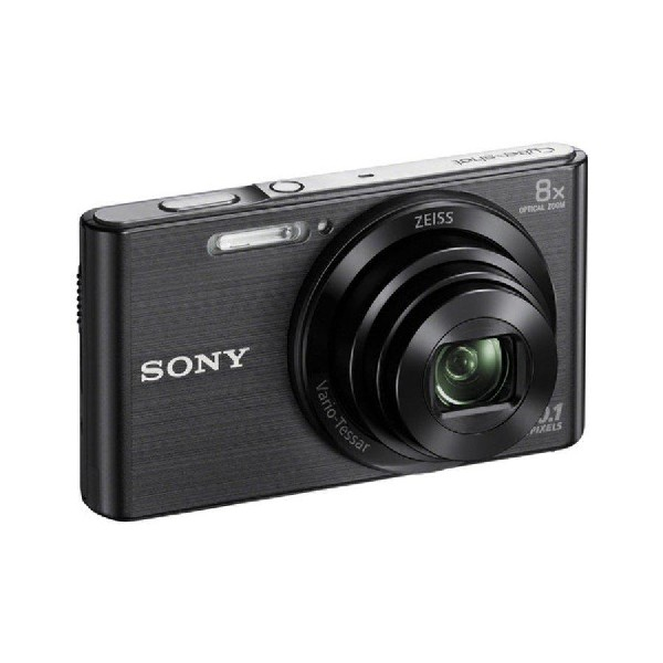 Cámara Sony Cyber-shot negra. Con lente y marca Zeiss.