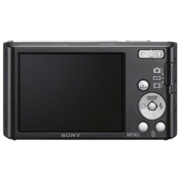 Cámara Sony negra, vista trasera. Tiene pantalla, botones y menú.