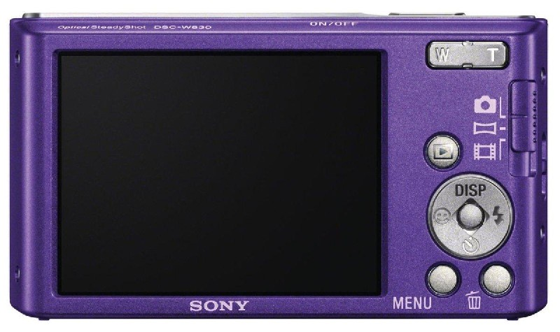 Una cámara digital Sony púrpura, vista trasera, con pantalla y botones.