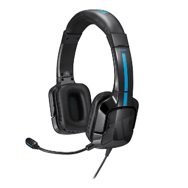 Auriculares gaming negros y azules con micrófono, sobre fondo blanco.