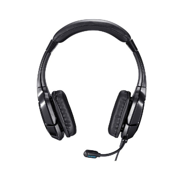 Auriculares negros con micrófono. Vista superior, fondo blanco.