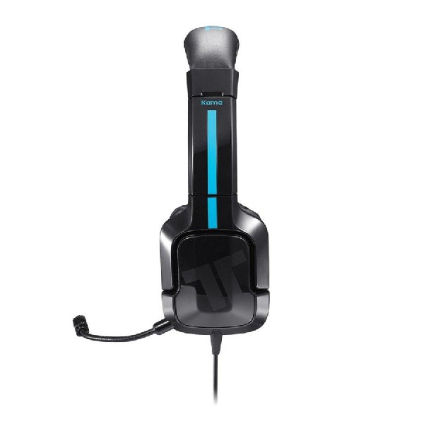 Auriculares para juegos negros con micrófono y franja azul. La marca es Kama.