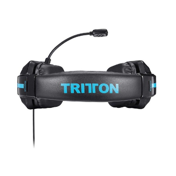 Auriculares Triton negros con detalles azules y micrófono. Fondo blanco.