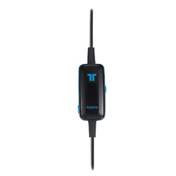 Controlador de auriculares Kama negro y azul. Texto 'Kama' en azul.