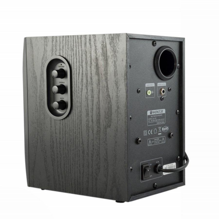 Altavoz Wooxter gris oscuro, mostrando panel trasero con controles, puertos y etiquetas.