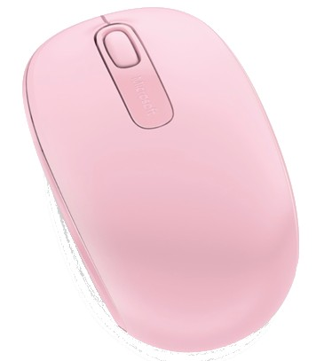 Ratón inalámbrico Microsoft rosa sobre un fondo blanco.