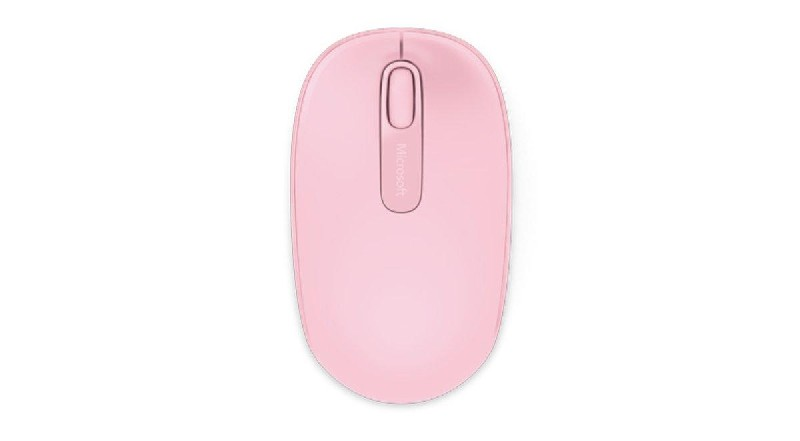 Ratón inalámbrico Microsoft rosa, vista superior. Cuenta con rueda de desplazamiento y el logo de Microsoft.