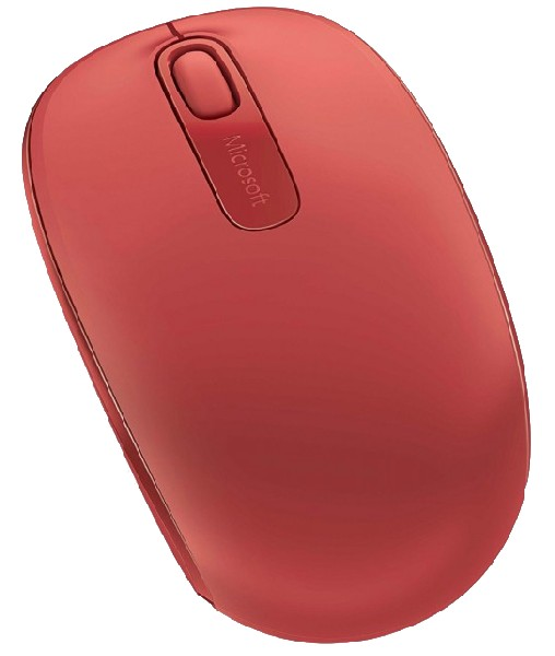 Ratón Microsoft rojo con rueda de desplazamiento y logotipo de Microsoft.