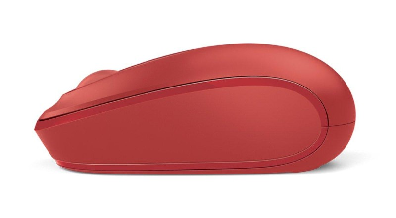 Ratón rojo de computadora, vista lateral, sobre fondo blanco.