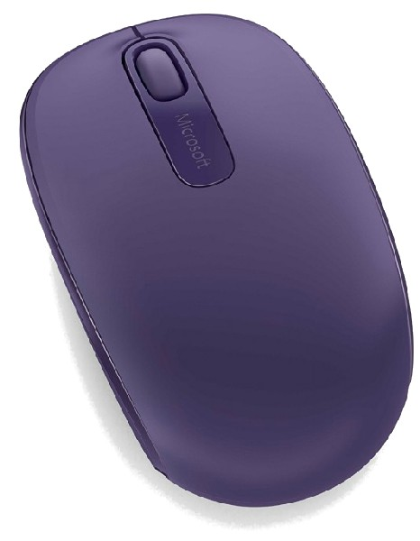 Ratón Microsoft púrpura. Tiene una rueda de desplazamiento y el logo Microsoft.