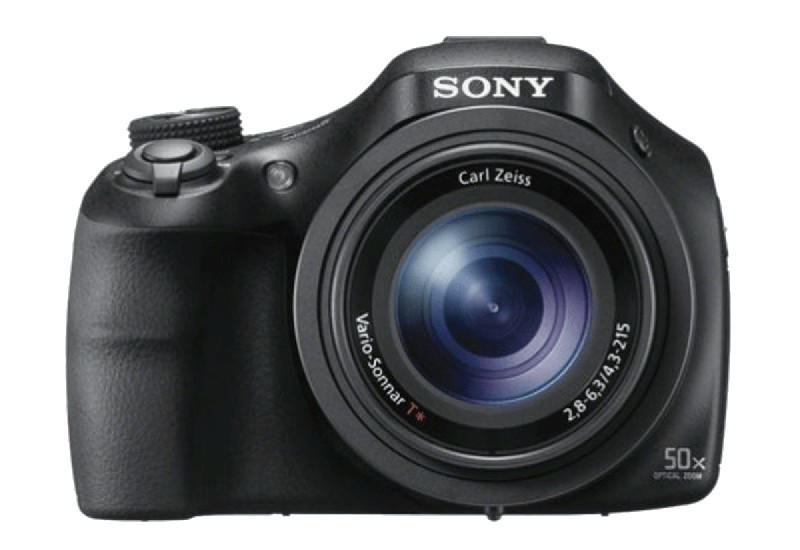 Cámara Sony negra con lente grande, botones y el logotipo de Carl Zeiss.