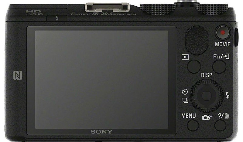 Cámara Sony negra con pantalla grande y varios botones de control. Se muestra la parte trasera.