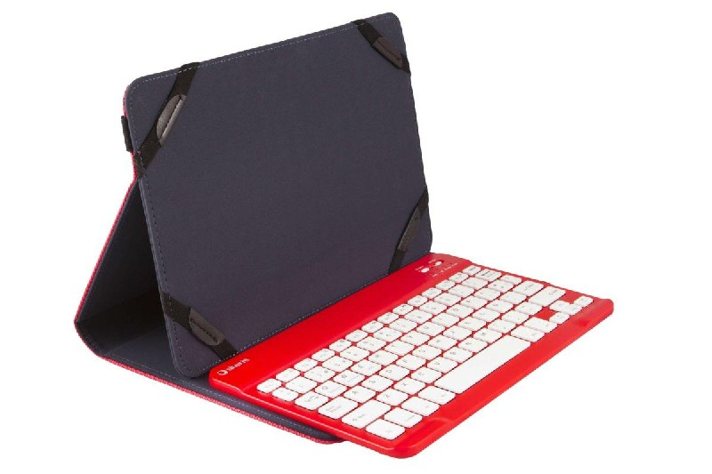 Un teclado rojo está conectado a una tableta en una funda negra. La tableta está en vista horizontal.