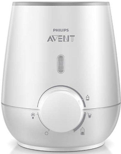 Calentador de biberones Philips Avent. Blanco, forma ovalada con dial e iconos. Acentos grises, base blanca.