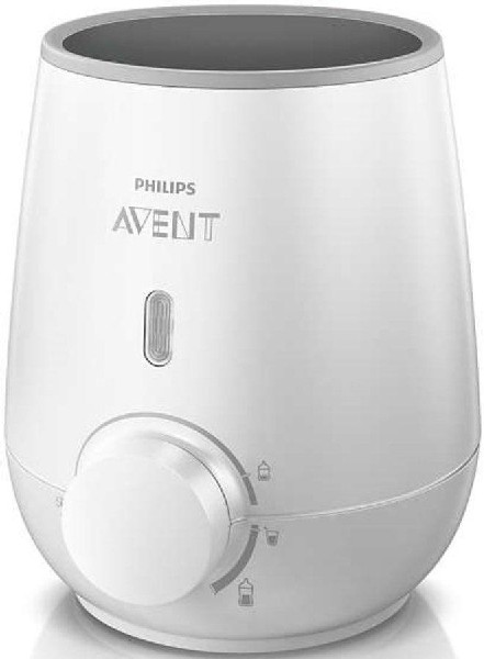 Calentador de biberones Philips Avent blanco. Tiene un dial y un indicador luminoso.