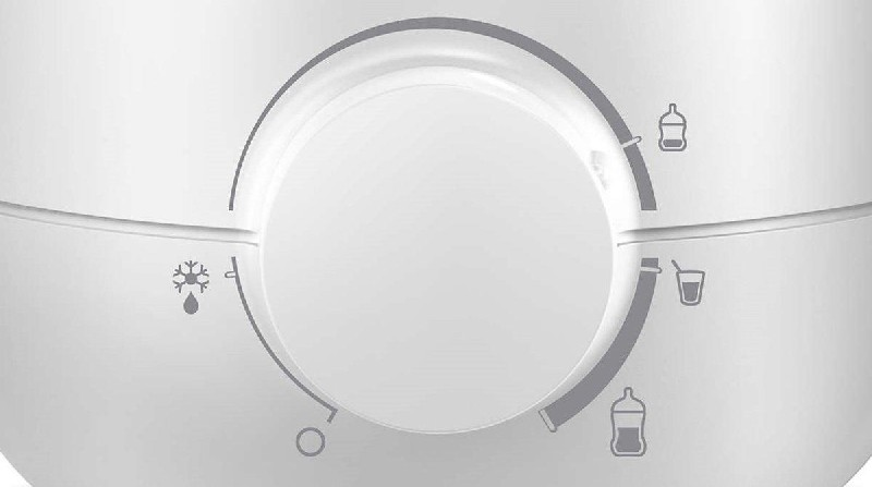 Dial de calentador de biberones blanco con iconos. Indicador gris.