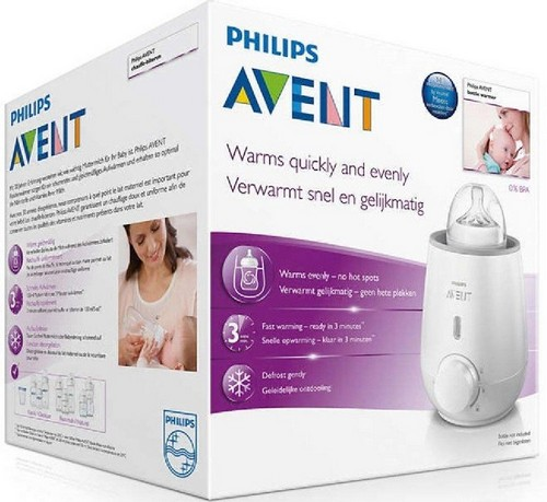 Caja del calienta biberones Philips Avent. La caja muestra a una madre y un bebé, y un calienta biberones.