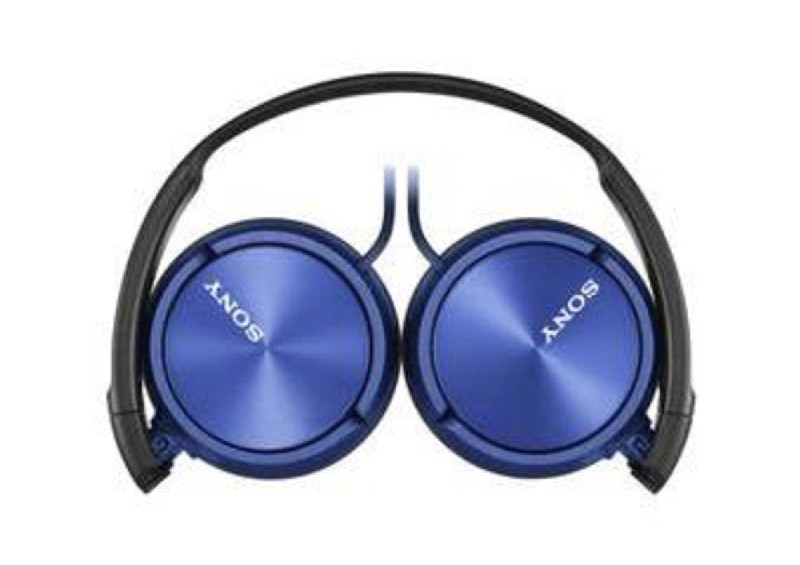 Auriculares azules Sony. Dos auriculares circulares con el logotipo de Sony y diadema negra.
