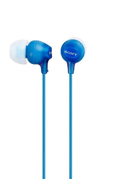 Auriculares Sony azules con puntas blancas. El fondo es blanco.