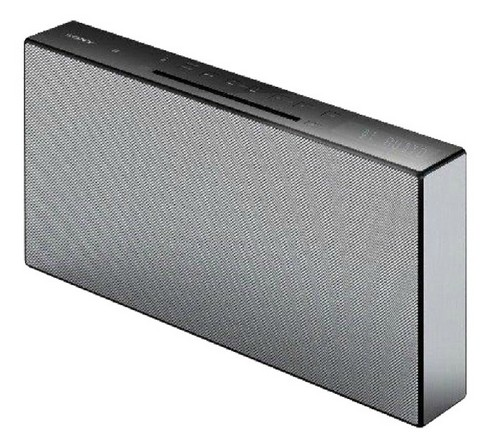 Altavoz Sony negro, forma rectangular, con rejilla de malla y detalles plateados.