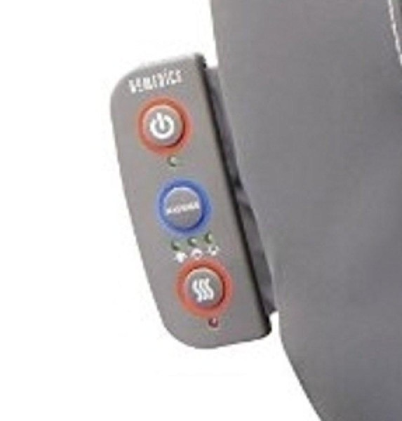 Un panel de control gris con botones de encendido, modo y calor, adjunto a un componente gris de silla de masaje.