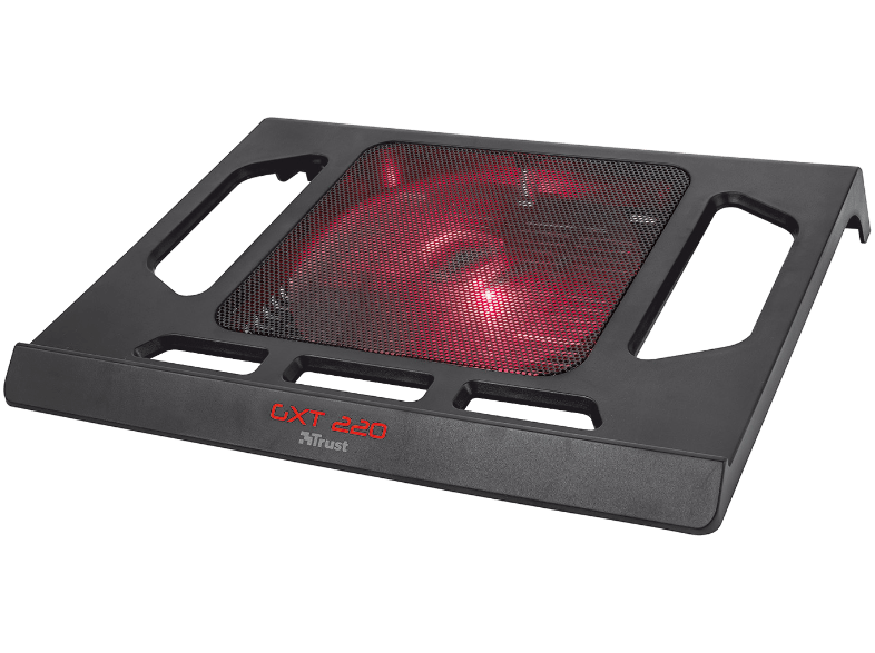 Enfriador de portátil negro con un ventilador rojo brillante en el interior, sobre fondo negro.