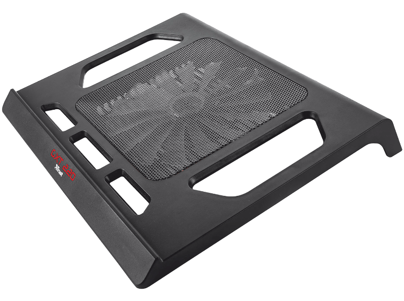 Base de refrigeración para portátil negra con superficie de malla y logotipo de Trust.