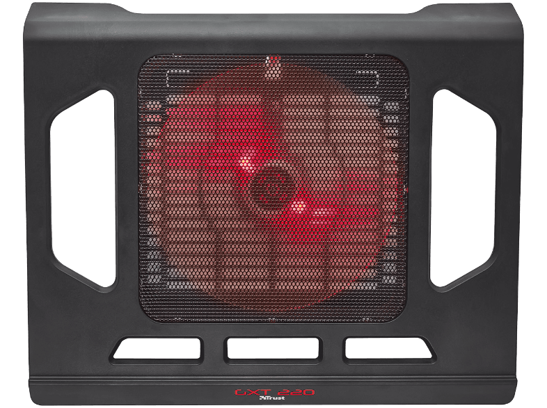 Un enfriador de portátil negro con una superficie de malla iluminada en rojo, para enfriar ordenadores.