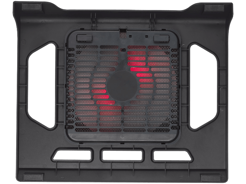 Base de refrigeración para portátil negra con ventilaciones y luces LED rojas. Vista superior.