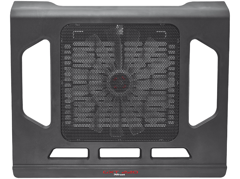 Enfriador de portátil negro con ventilador y rejilla, con el nombre de la marca.