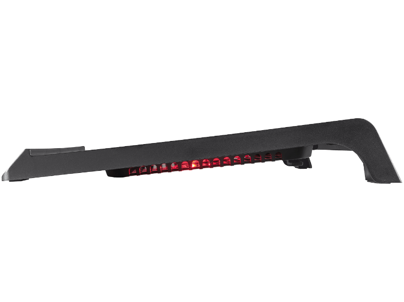 Enfriador de laptop negro con luces rojas visibles debajo.