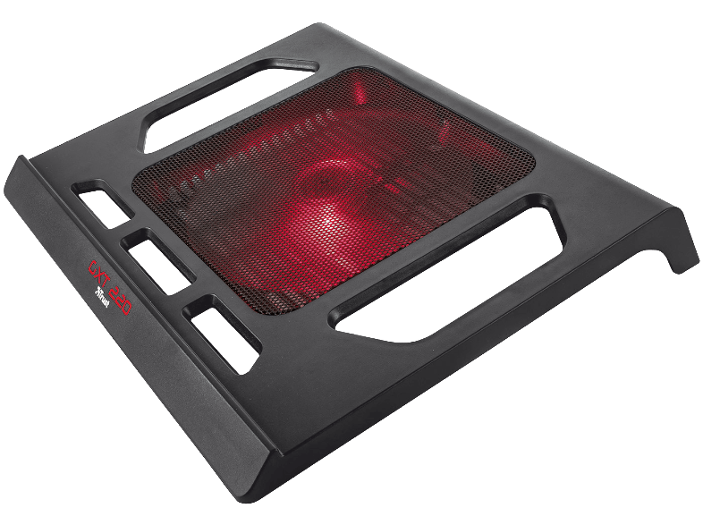 Enfriador de portátil negro con rejilla iluminada en rojo.