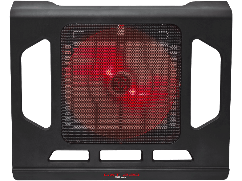 Base de enfriamiento para portátil negra con ventilador rojo. Bordes negros. Fondo blanco.