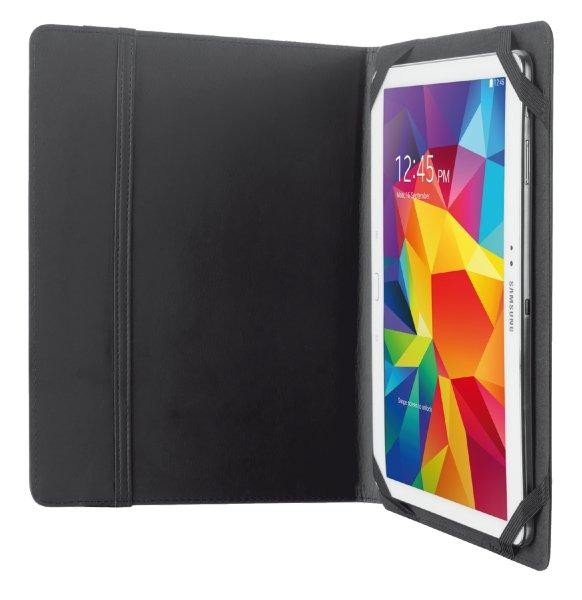 Una tableta en una funda negra, con la pantalla mostrando un diseño colorido. La hora es 12:45 PM.