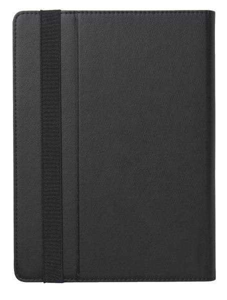 Funda negra para tablet con una banda elástica en el lado izquierdo.