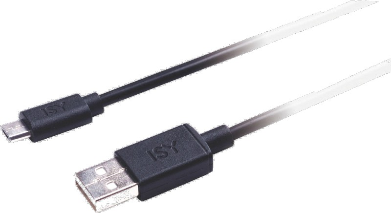 Cable USB negro y gris. Un extremo tiene un conector USB, el otro un conector micro-USB.