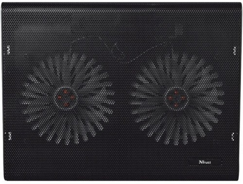 Una base de refrigeración para portátil negra con dos ventiladores visibles a través de una rejilla.