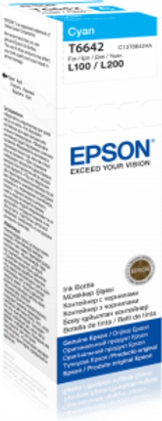 Botella de tinta Epson Cian, etiqueta azul, fondo blanco.