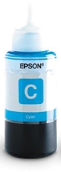Una botella de tinta cian con boquilla blanca. La botella está etiquetada 'C' y 'Cyan'.