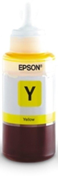 Botella de tinta Epson amarilla con una etiqueta amarilla que tiene una 'Y'.