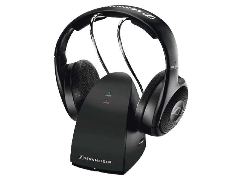 Auriculares Sennheiser negros y estación de carga. La estación tiene dos luces.
