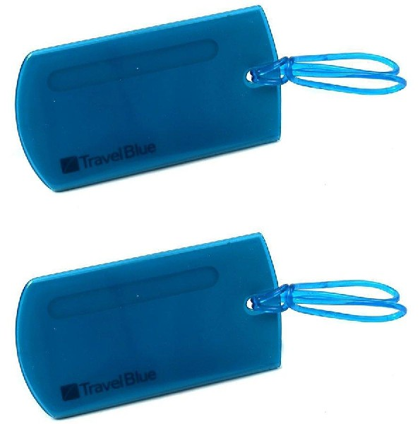 Dos etiquetas de equipaje Travel Blue azules con una ventana de plástico transparente. Tienen una cuerda azul.