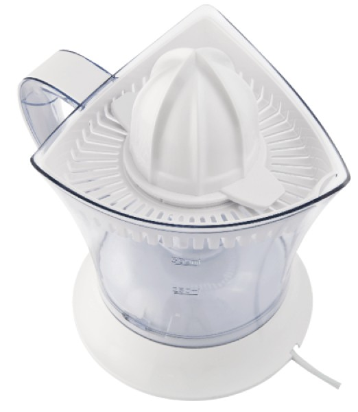 Exprimidor eléctrico blanco con recipiente transparente y asa.