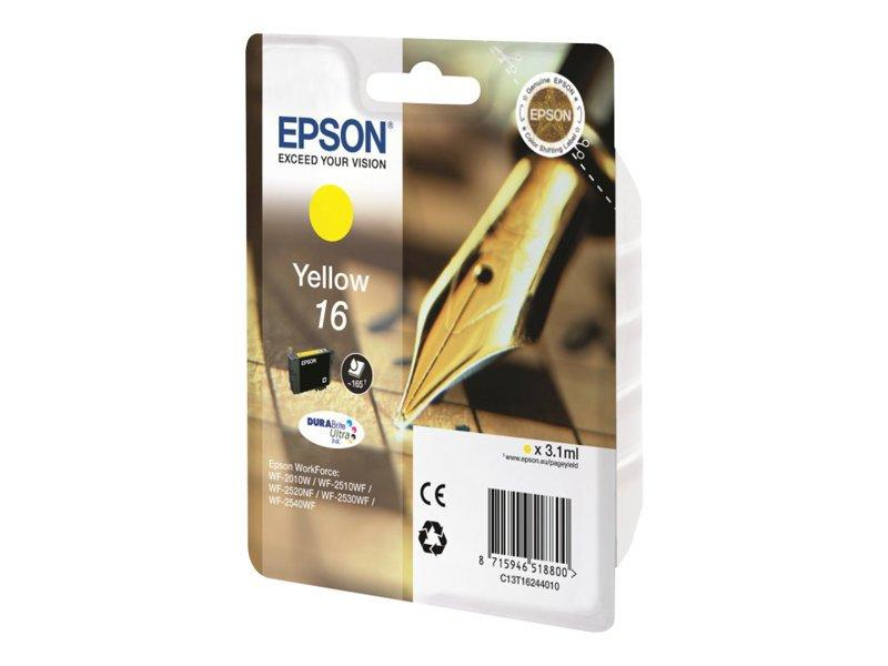 Empaque de cartucho de tinta Epson Amarillo 16 con círculo amarillo, gráfico de plumilla y modelos.