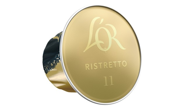 Una cápsula de café dorada y negra con las palabras "L'OR Ristretto 11" impresas.