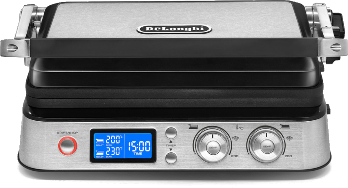 Grill Delonghi 1012d potencia 2000w placas extraibles aptas lavavajillas multigrill plancha temperatura independiente en cada pantalla led 2000 gris plata parrilla negroinox color contacto cgh1012d